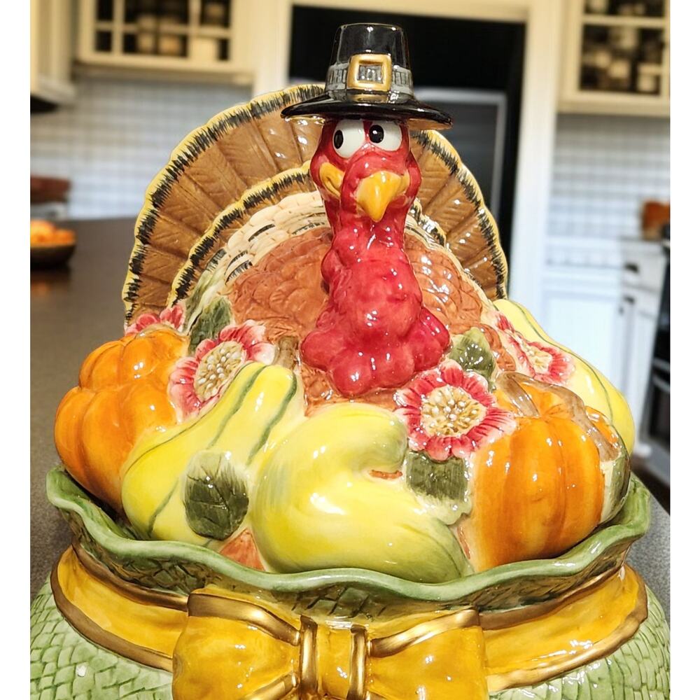 Fitz and Floyd Seasonal Cookie Jar Turkey in Pot of Gourds & Flowers LARGE EUC - Picture 10 of 10